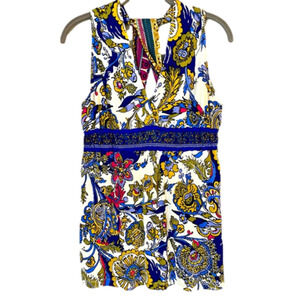 HALE BOB Top V-Neck Halter T-Back 100% Silk Floral Paisley Blue Gold Wom…